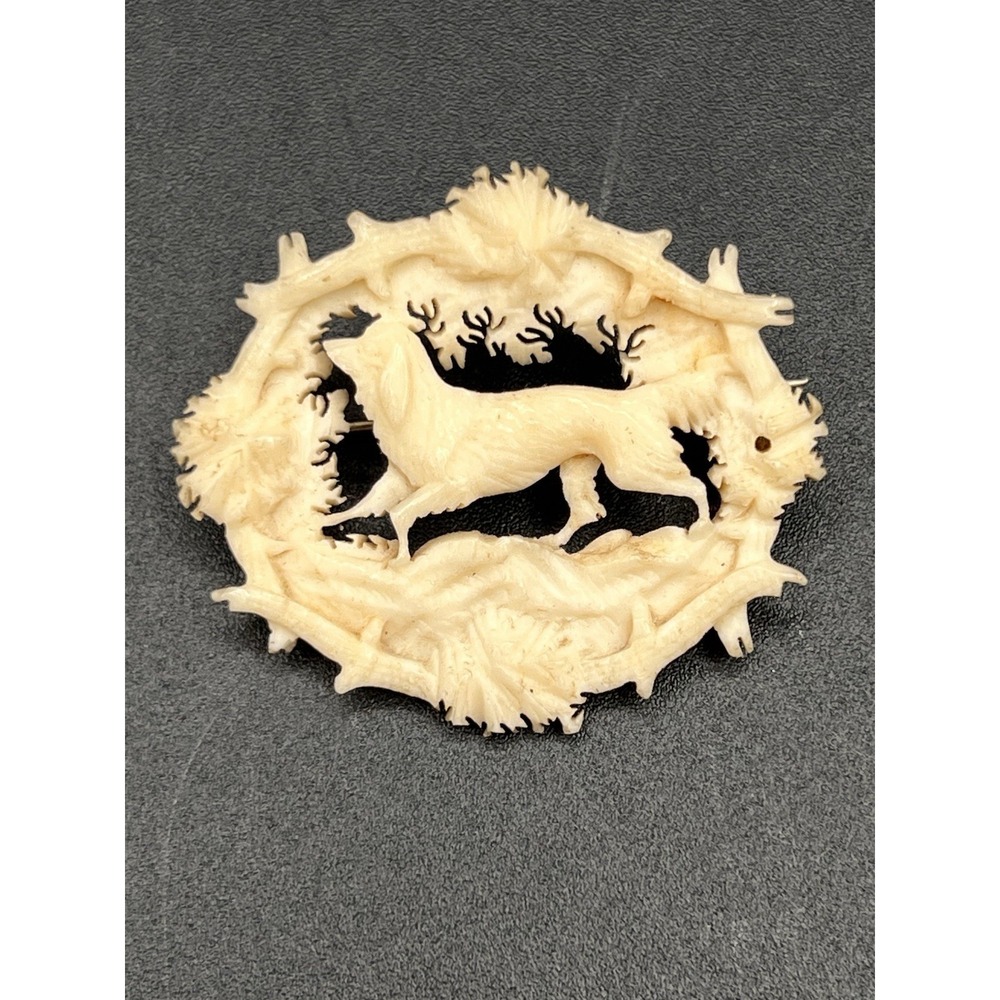Antique 1800s Carved Ivory Brooch Golden Retriever Hunting Dog /w 9K Gold Hook